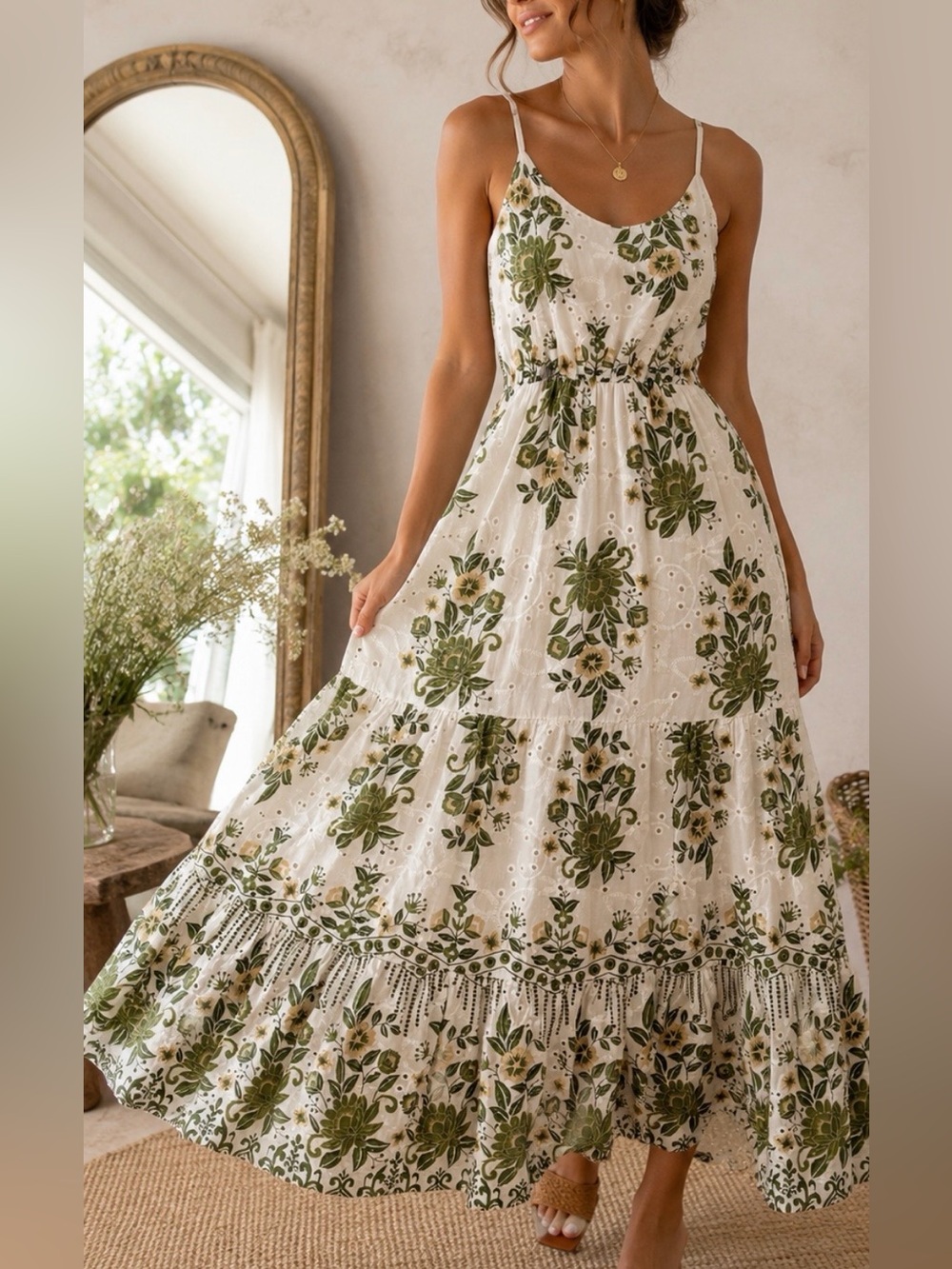 Made in Italy Floral Eyelet Midi Dress Green Botanical Cottagecore Boho Prairie
